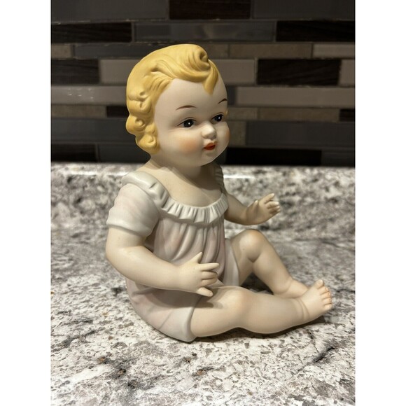 Vintage Porcelain Bisque Piano Baby 7” Blonde girl Sitting Pink Dress With Bow - Picture 3 of 4